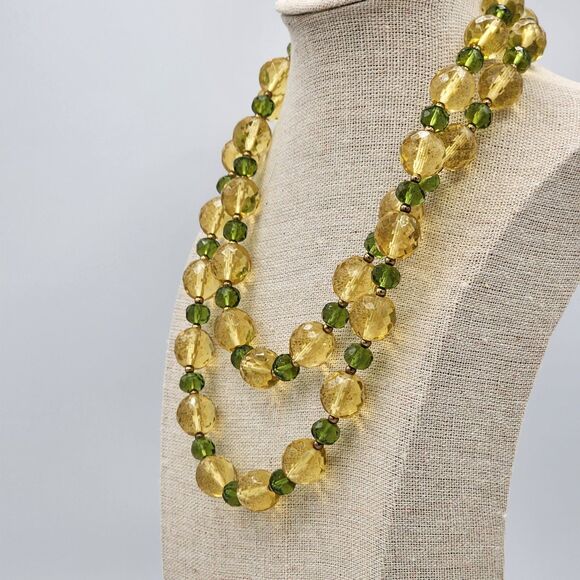 VTG  Signed Joan River Faceted Czech Glass Gold & Green Bead Necklace 36" - Picture 1 of 7